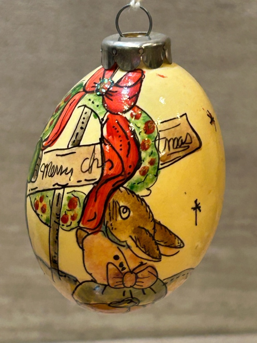 Hand-Painted Yellow Easter Egg Ornament with Bunny